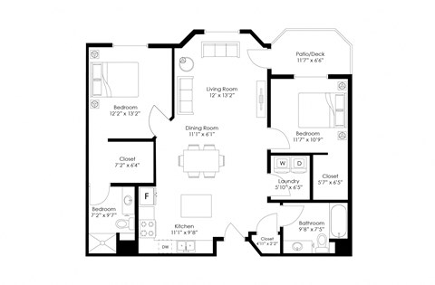 Floor plan for 2 beds, 2 baths, 1053 sqft